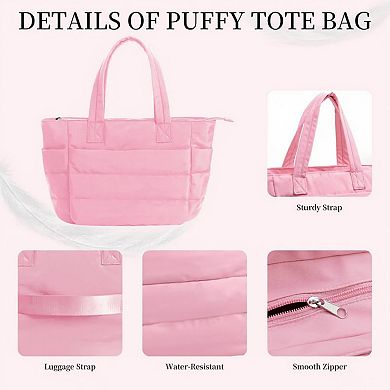 Women's Quilted Puffer Tote Bag with Luggage Strap Water-Resistant Padded Panels and Smooth Zipper