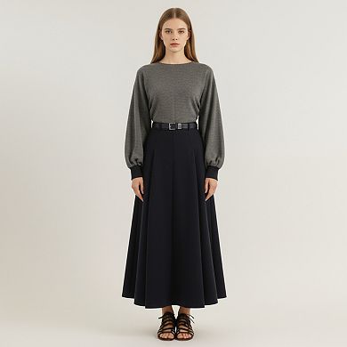 Women's High Waist Full A-Line Maxi Skirt with Structured Seam Panels and Smooth Flowing Silhouette