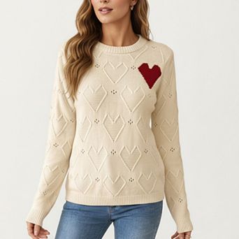 Women's Knit Top with Textured Heart Pattern and Contrast Heart Accent Detail