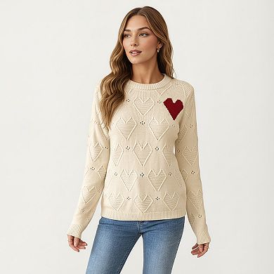 Women's Knit Top with Textured Heart Pattern and Contrast Heart Accent Detail