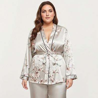 Women's PLus Size Satin Pajama Set with Wrap Front Tie Waist Top and Straight Leg Pants