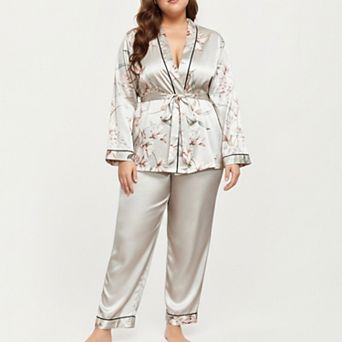 Women's PLus Size Satin Pajama Set with Wrap Front Tie Waist Top and Straight Leg Pants