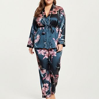 Women's PLus Size Satin Pajama Set with Wrap Front Tie Waist Top and Straight Leg Pants