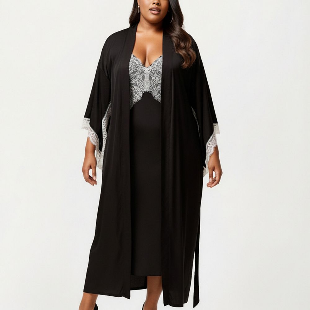 Anna-Kaci Lounge Women's Plus Size Long Robe with Sheer Lace Hem and Sleeve Detailing and Soft Flowing Fabric
