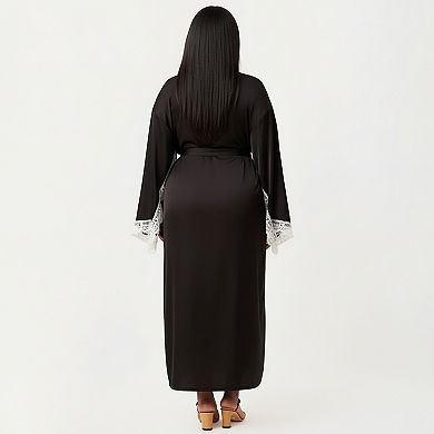 Women's Plus Size Long Robe Set with Soft Draped Silhouette and Delicate Lace Trim Accents