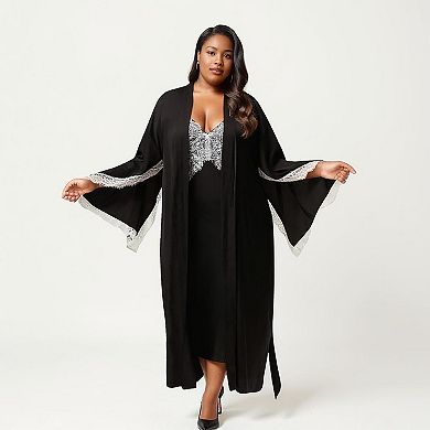 Women's Plus Size Long Robe Set with Soft Draped Silhouette and Delicate Lace Trim Accents