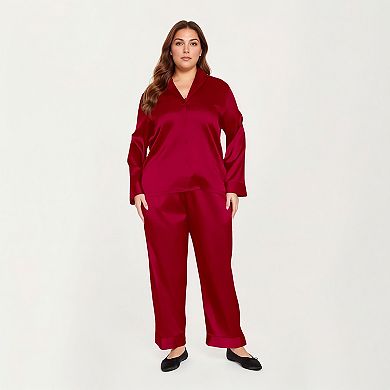 Women's PLus Size 2-Piece Satin Pajama Set with Relaxed Button Front Top and Wide-Leg Pants