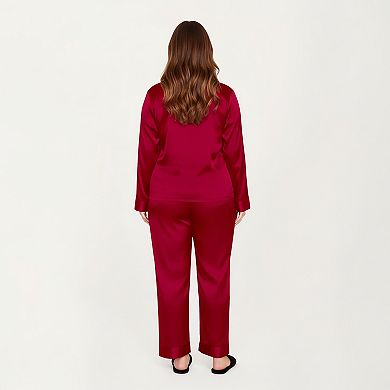 Women's PLus Size 2-Piece Satin Pajama Set with Relaxed Button Front Top and Wide-Leg Pants