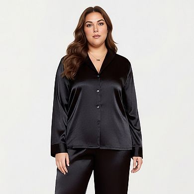 Women's PLus Size 2-Piece Satin Pajama Set with Relaxed Button Front Top and Wide-Leg Pants