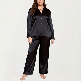 Women's PLus Size 2 pc Satin Pajama Set with Relaxed Button Front Top and Wide-Leg Pants