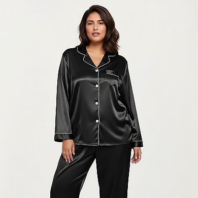 Women's PLus Size 2-Piece Set Satin Button-Up Pajama Top and Relaxed Fit Pants