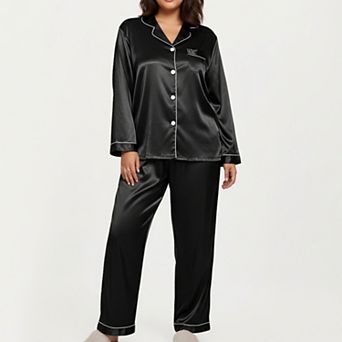 Women's PLus Size 2 pc Set Satin Button-Up Pajama Top and Relaxed Fit Pants