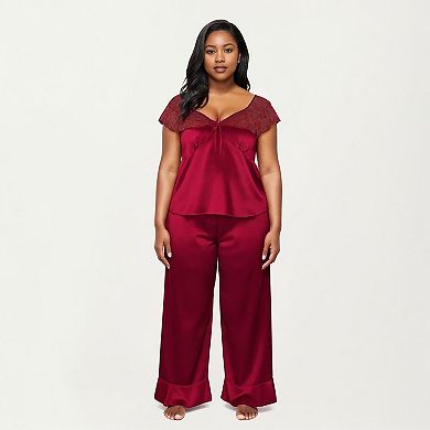 Women's PLus Size 2-Piece Set Satin Lace Trim Sleep Top and Wide Leg Pants