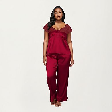 Women's PLus Size 2-Piece Set Satin Lace Trim Sleep Top and Wide Leg Pants