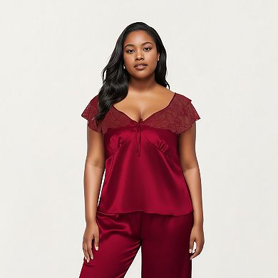 Women's PLus Size 2-Piece Set Satin Lace Trim Sleep Top and Wide Leg Pants