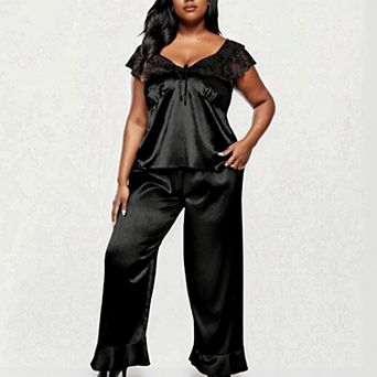 Women's PLus Size 2 pc Set Satin Lace Trim Sleep Top and Wide Leg Pants
