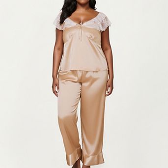 Women's PLus Size 2 pc Set Satin Lace Trim Sleep Top and Wide Leg Pants