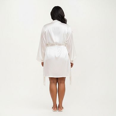 Women's PLus Size Satin Robe and Slip Set with Soft Lace Trim on Sleeves and Delicate Sheen