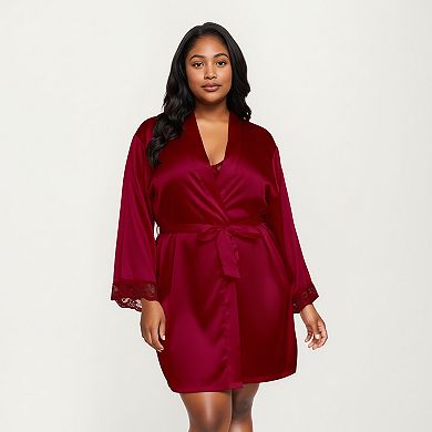 Women's PLus Size Satin Robe and Slip Set with Soft Lace Trim on Sleeves and Delicate Sheen