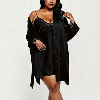 Women's PLus Size Satin Robe and Slip Set with Soft Lace Trim on Sleeves and Delicate Sheen