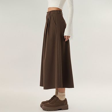 Women's High Waist Pleated A-Line Maxi Skirt with Structured Volume, Smooth Draping Fabric