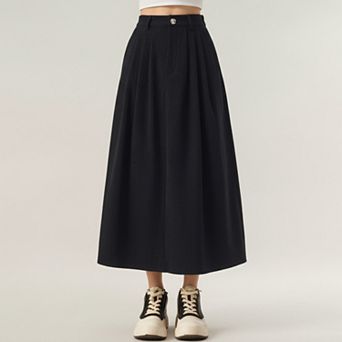 Women's High Waist Pleated A-Line Maxi Skirt with Structured Volume, Smooth Draping Fabric