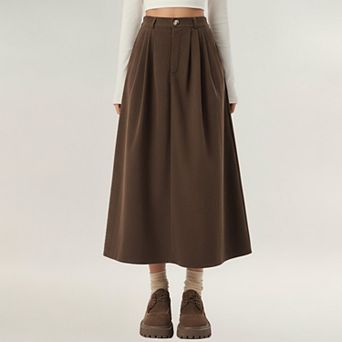 Women's High Waist Pleated A-Line Maxi Skirt with Structured Volume, Smooth Draping Fabric