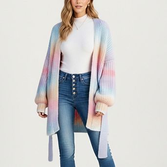Women's Long Sleeve Soft Knit Open Front Cardigan with Ribbed Texture and Cozy Balloon Sleeves