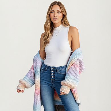 Women's Long Sleeve Soft Knit Open Front Cardigan with Ribbed Texture and Cozy Balloon Sleeves
