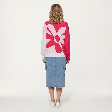 Women's Bold Graphic Floral Pattern Knit Sweater with Relaxed Long Sleeve Pullover Fit
