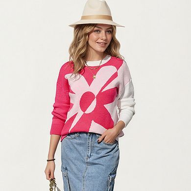 Women's Bold Graphic Floral Pattern Knit Sweater with Relaxed Long Sleeve Pullover Fit