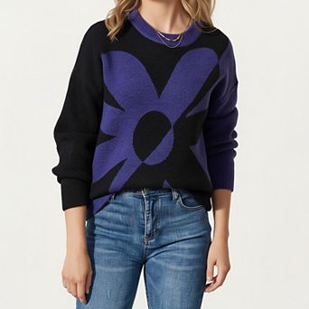 Women's Bold Graphic Floral Pattern Knit Sweater with Relaxed Long Sleeve Pullover Fit