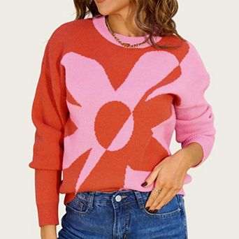 Women's Bold Graphic Floral Pattern Knit Sweater with Relaxed Long Sleeve Pullover Fit