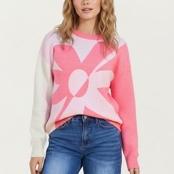 Women's Bold Graphic Floral Pattern Knit Sweater with Relaxed Long Sleeve Pullover Fit