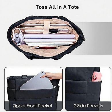 Women's Quilted Puffer Tote Bag with Structured Padded Panels Luggage Strap Water-Resistant Build