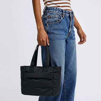 Women's Quilted Puffer Tote Bag with Structured Padded Panels Luggage Strap Water-Resistant Build