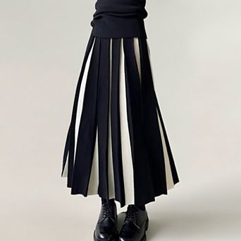 Women's Contrast Pleated Maxi Skirt with Structured Panels and Soft Flexible Waist