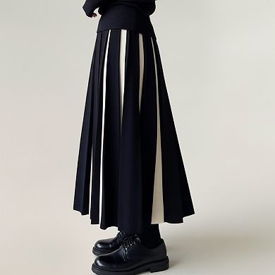 Women's Contrast Pleated Maxi Skirt with Structured Panels and Soft Flexible Waist