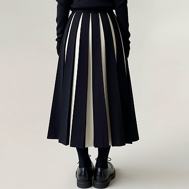Women's Contrast Pleated Maxi Skirt with Structured Panels and Soft Flexible Waist