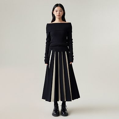 Women's Contrast Pleated Maxi Skirt with Structured Panels and Soft Flexible Waist