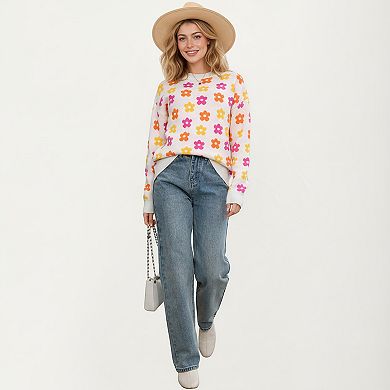 Women's Flower Pattern Knit Sweater with Long Sleeves and Comfortable Relaxed Everyday Fit