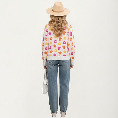 Women's Flower Pattern Knit Sweater with Long Sleeves and Comfortable Relaxed Everyday Fit