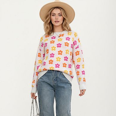 Women's Flower Pattern Knit Sweater with Long Sleeves and Comfortable Relaxed Everyday Fit