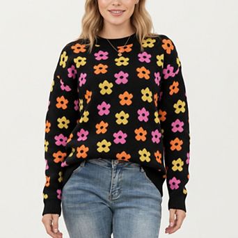 Women's Flower Pattern Knit Sweater with Long Sleeves and Comfortable Relaxed Everyday Fit