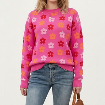 Women's Flower Pattern Knit Sweater with Long Sleeves and Comfortable Relaxed Everyday Fit