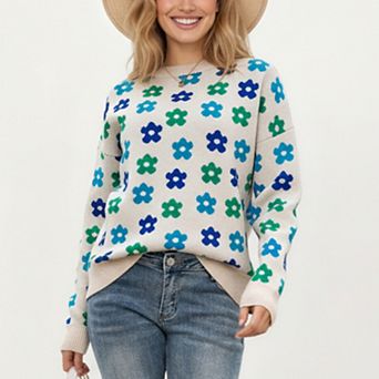 Women's Flower Pattern Knit Sweater with Long Sleeves and Comfortable Relaxed Everyday Fit