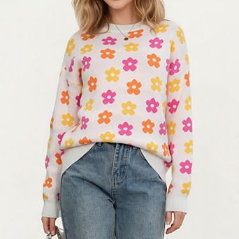 Women's Flower Pattern Knit Sweater with Long Sleeves and Comfortable Relaxed Everyday Fit