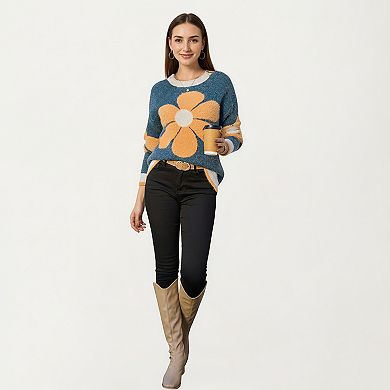 Women's Large Floral Graphic Pattern Fuzzy Knit Sweater with Soft Textured Feel Ribbed Crew Neckline