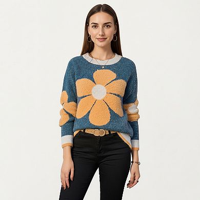Women's Large Floral Graphic Pattern Fuzzy Knit Sweater with Soft Textured Feel Ribbed Crew Neckline