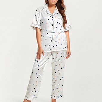 Women's PLus Size Heart Print Satin Pajama Set with Short Sleeve Top and Relaxed Straight Leg Pants